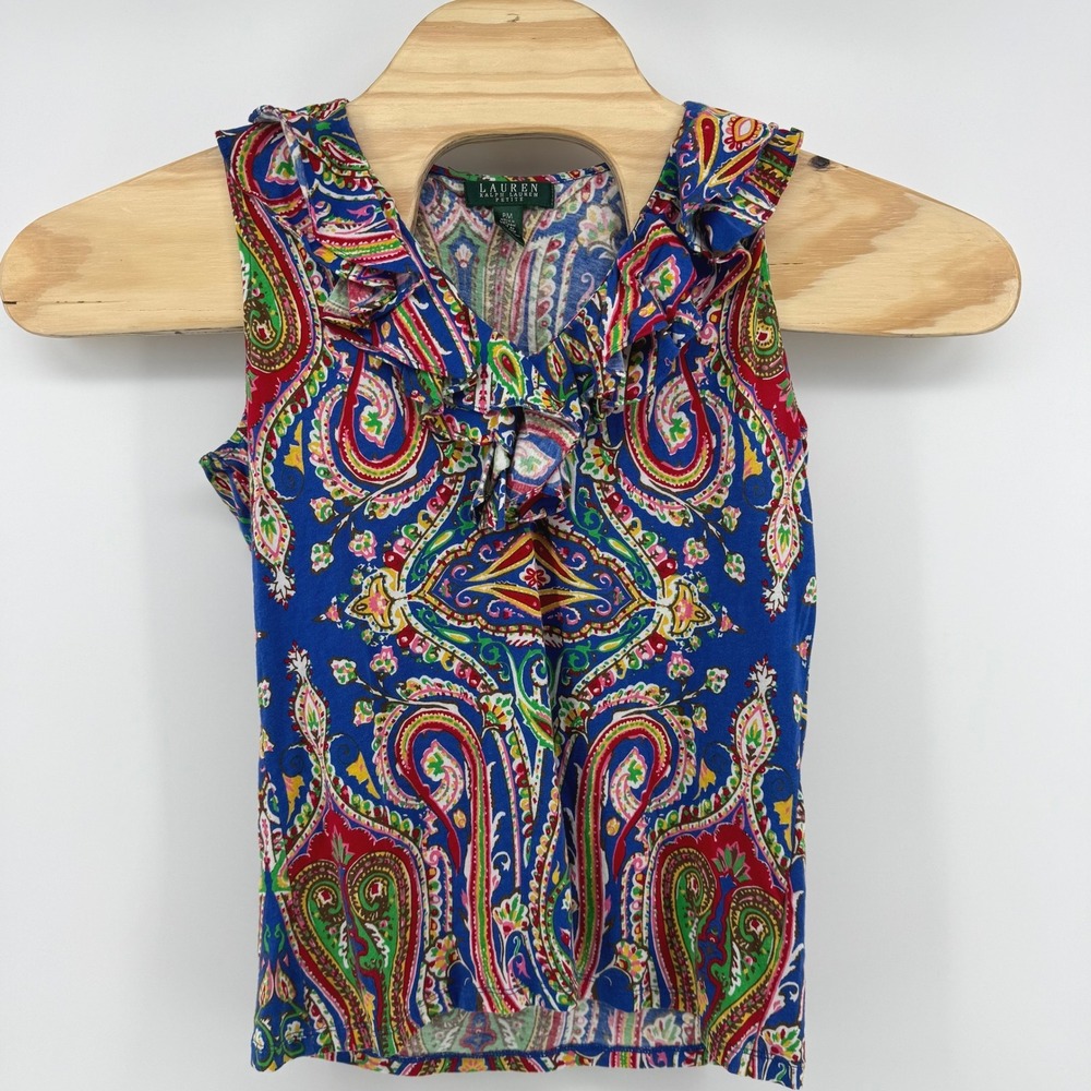 Lauren Ralph Lauren Paisley Tank Top Petite Medium Blue Ruffle V-Neck Sleeveless
